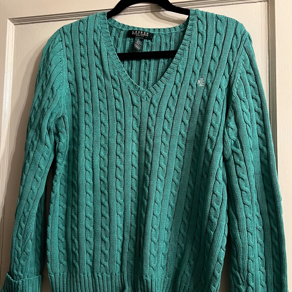 Ralph Lauren Women's V-Neck Cable Knit Sweater - Teal